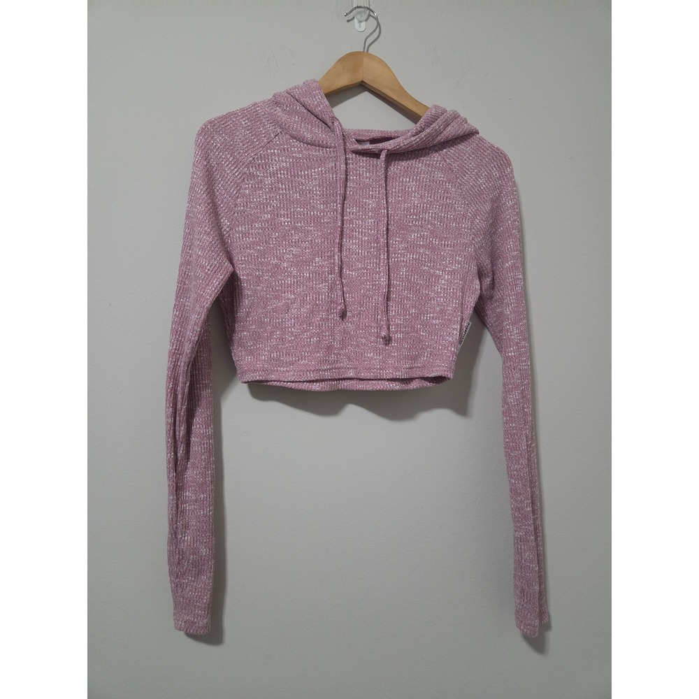 Gymshark Womens Medium Cropped Hoodie Mauve Pink Marl Ribbed Long Sleeve Knit